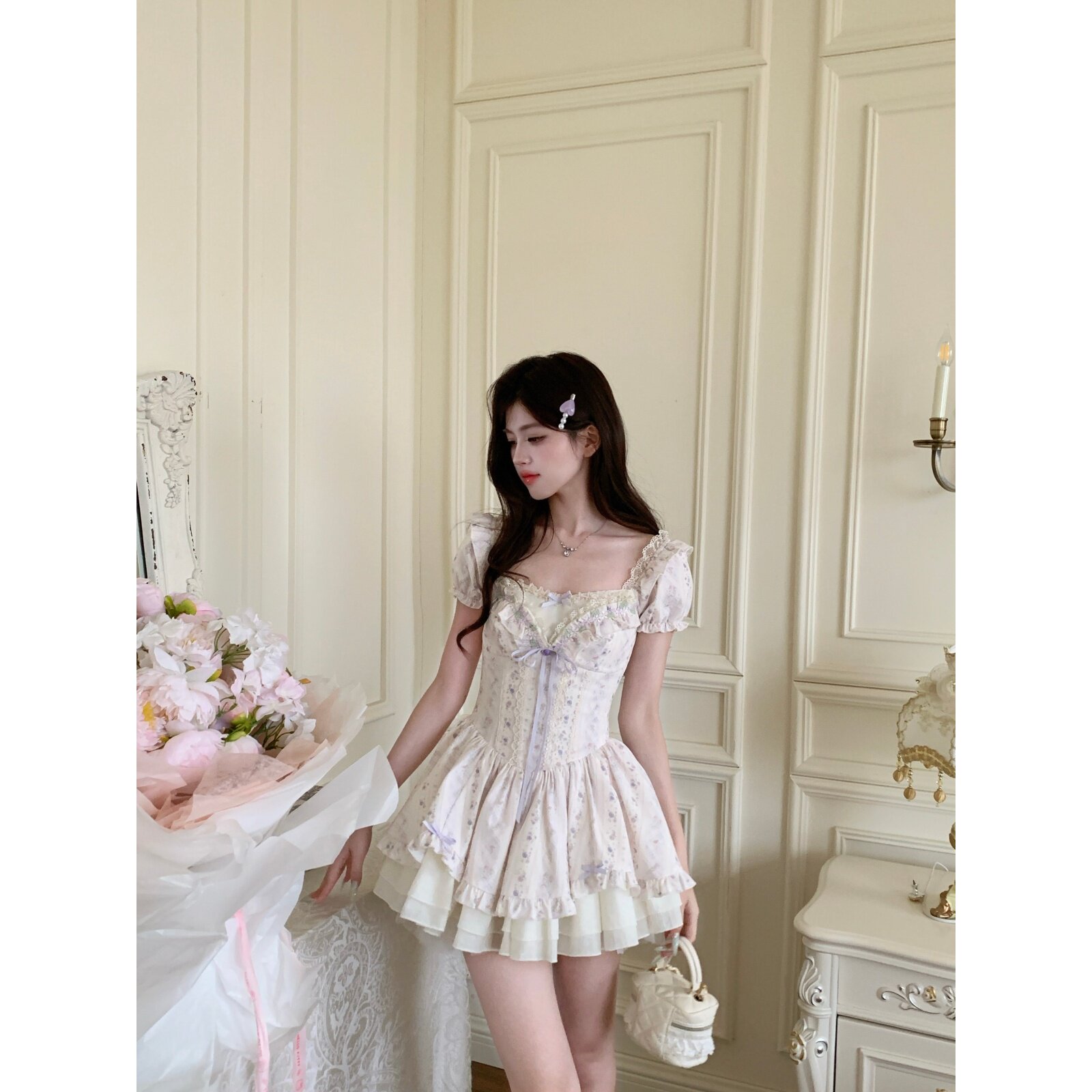 越韩小鱼Musefish 花甸紫梦 法式甜美公主裙夏季收腰碎花连衣裙女