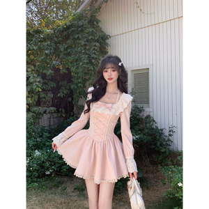 越韩小鱼 舒芙蕾 法式甜美粉色连衣裙收腰显瘦蕾丝拼接生日公主裙