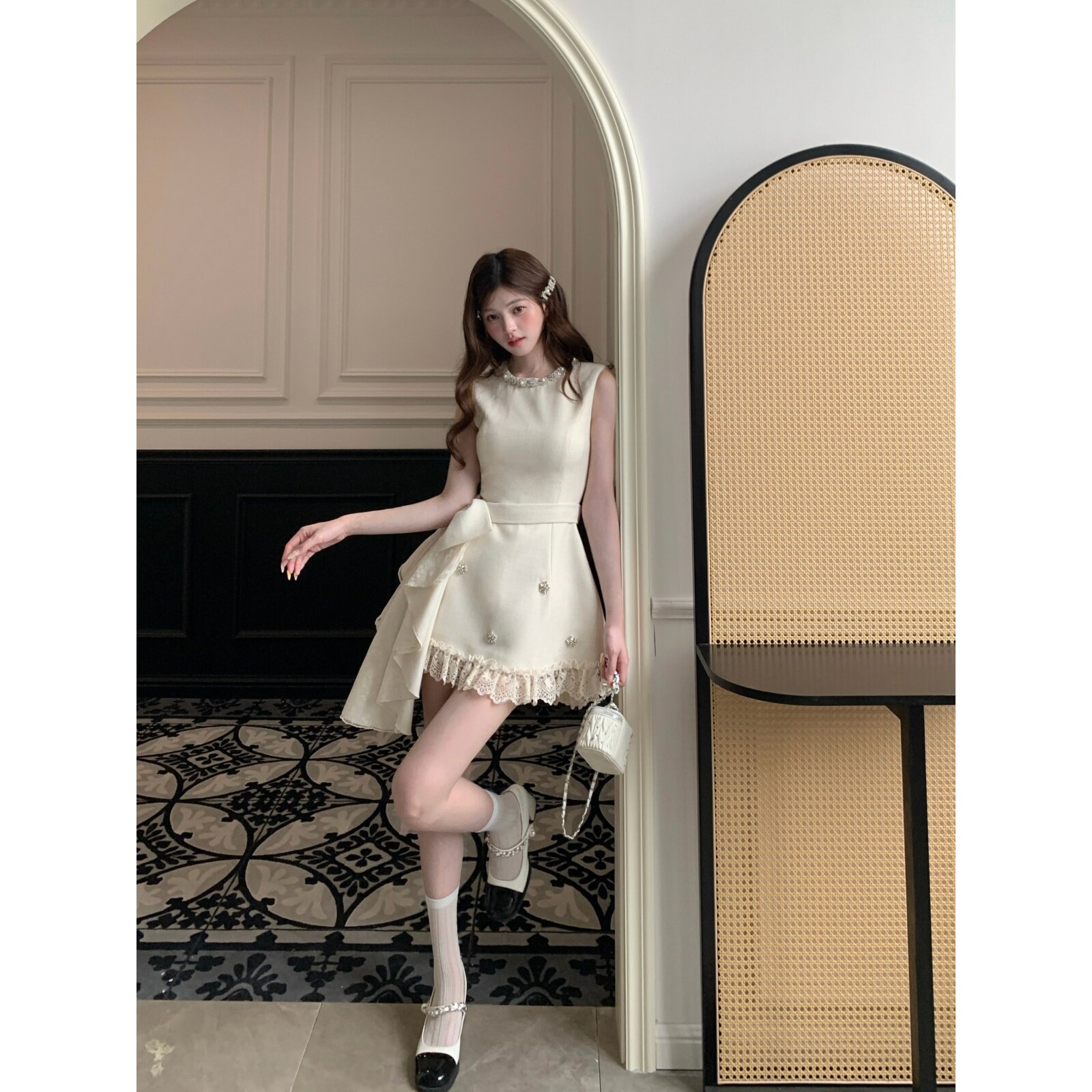 越韩小鱼Musefish 白钻千金 重工镶钻蝴蝶结连衣裙气质名媛短裙女