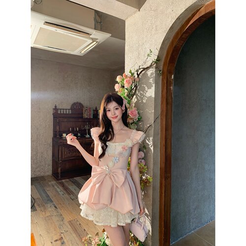 越韩小鱼Musefish 精灵少女 法式立体花朵假两件蝴蝶结公主连衣裙