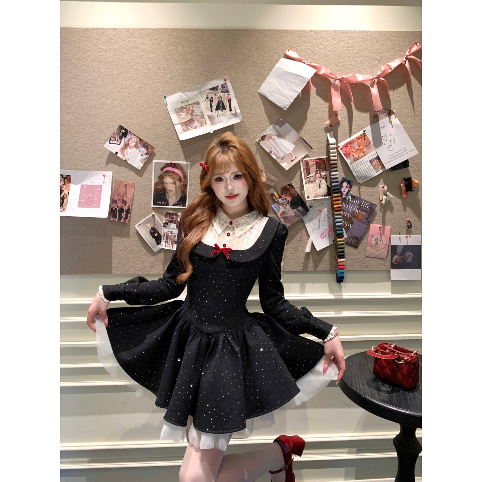 越韩小鱼 璀璨千金 重工烫钻连衣裙蕾丝领口收腰甜美蓬蓬公主裙女