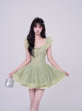 越韩小鱼 绿野仙踪 森系少女蕾丝边亮片绿色连衣裙收腰显瘦蓬蓬裙