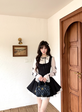 越韩小鱼 赫曼千金 假两件法式连衣裙气质波点蝴蝶结蓬蓬小黑裙女