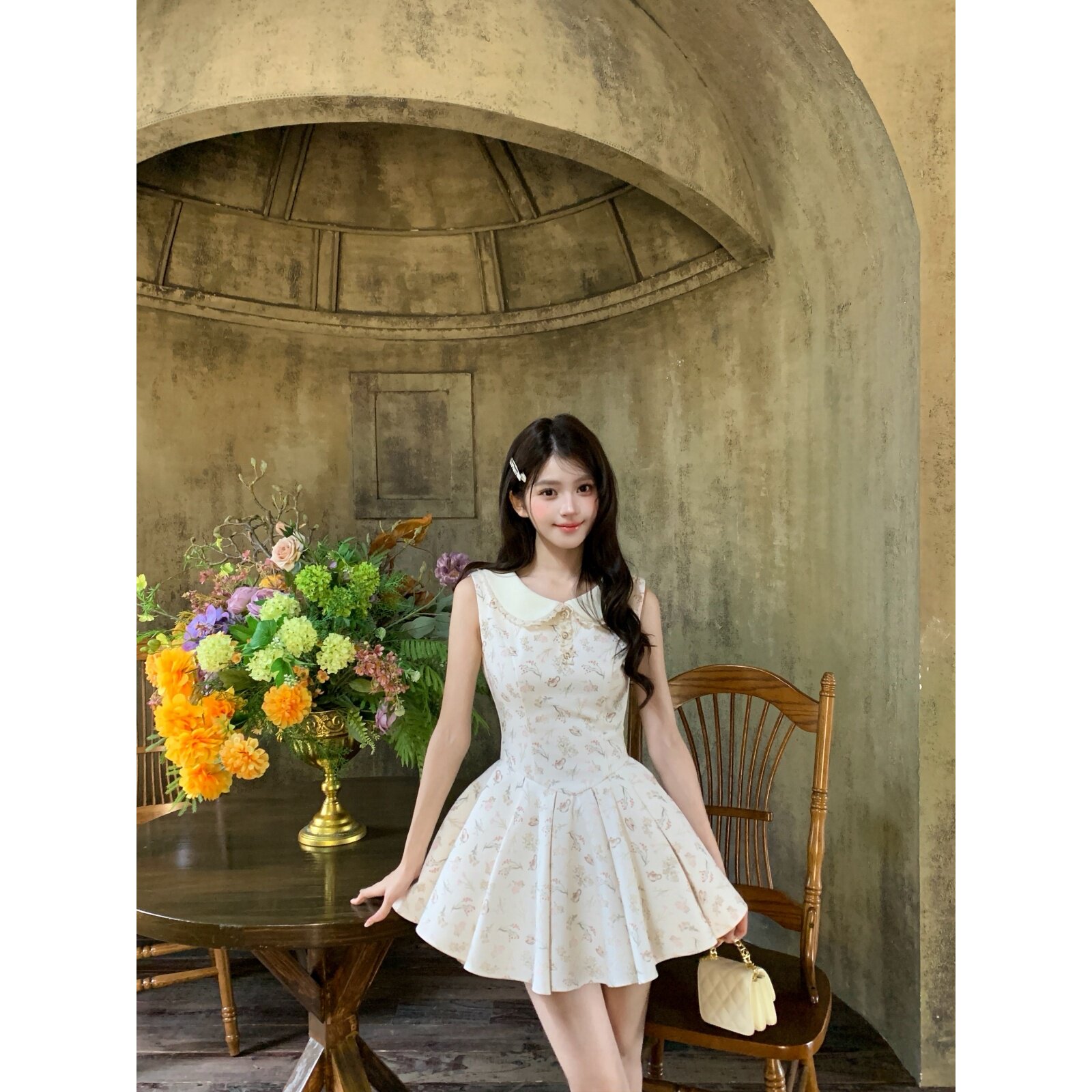 越韩小鱼Musefish 白茶初恋 法式纯欲镂空蕾丝拼接假两件连衣裙女