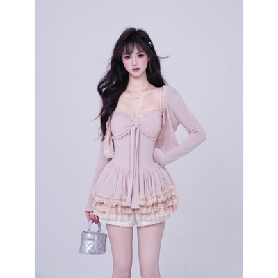 越韩小鱼 粉欲芭蕾 法式纯欲风带胸垫吊带上衣蕾丝边开衫两件套装