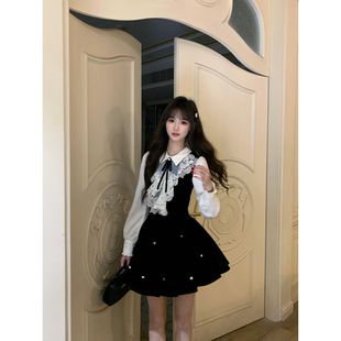 宫廷风连衣裙蕾丝领口赫本千金丝绒小黑裙 法式 越韩小鱼 露丝小姐