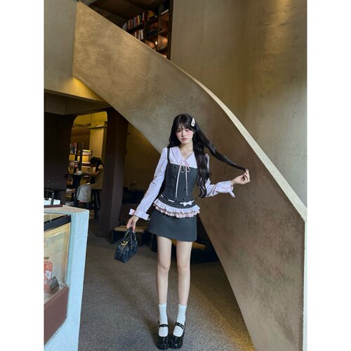 越韩小鱼Musefish 雾桃少女 甜美假两件上衣收腰半裙法式套装女秋