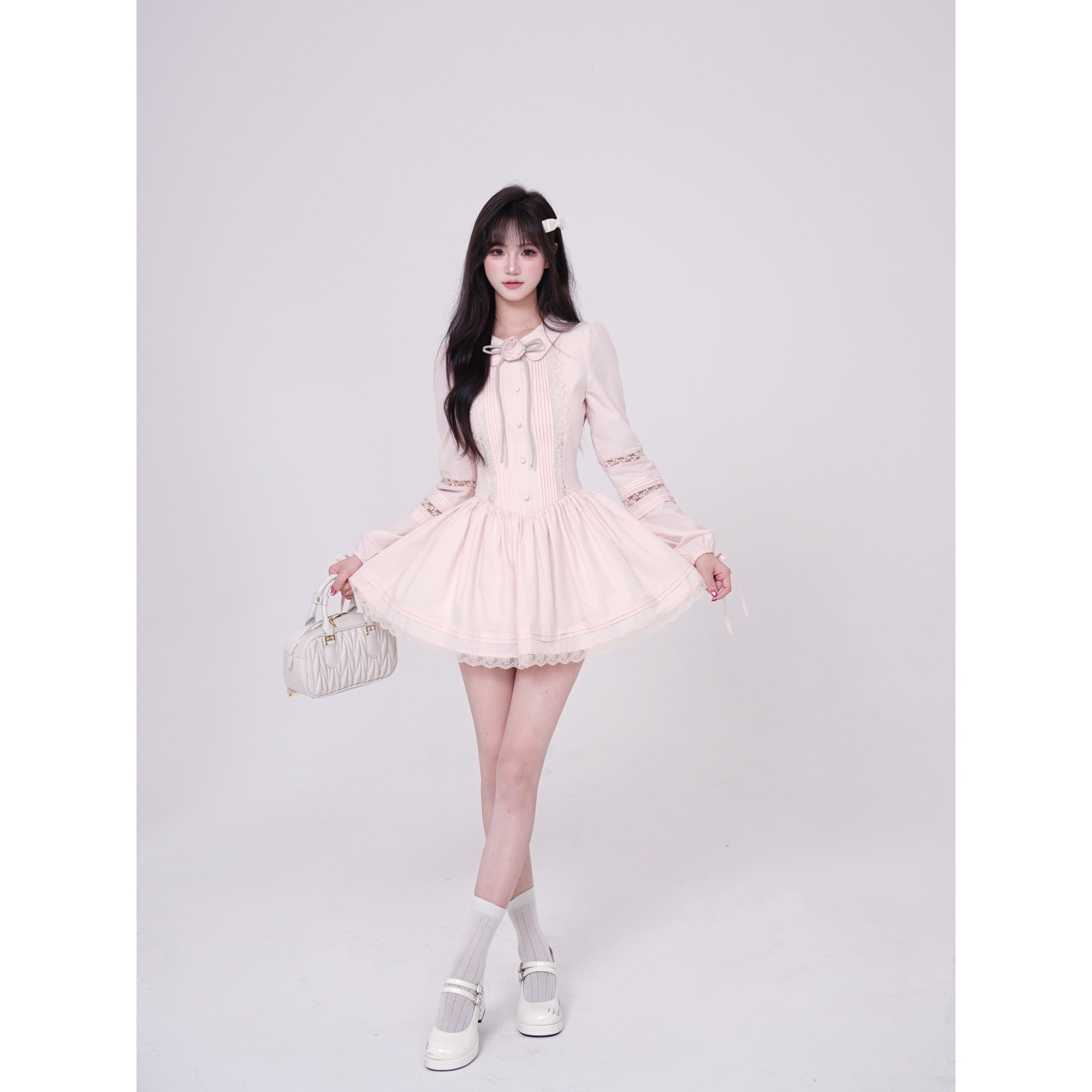 越韩小鱼 玫瑰少女 法式甜美镂空蕾丝掐腰显瘦蓬蓬粉色连衣裙女秋