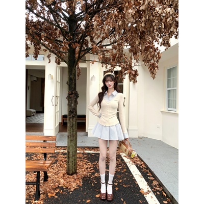 越韩小鱼 鲁本斯旧街 假两件设计感连衣裙韩系学院风百褶短裙女秋