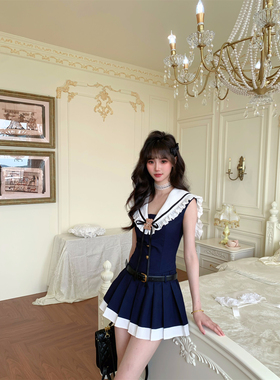 越韩小鱼Musefish 曼特学院 法式海军领蓝色连衣裙收腰百褶短裙女