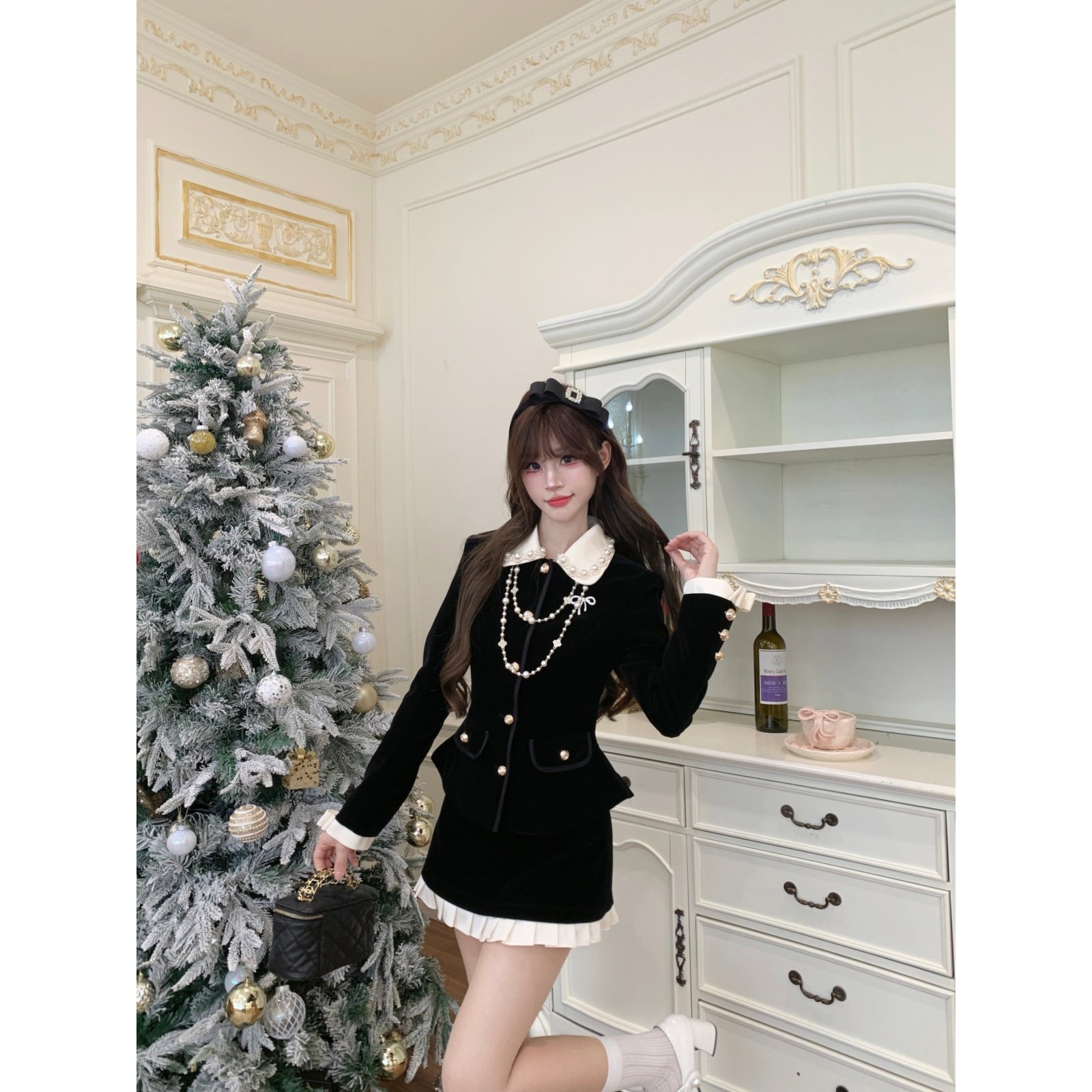 越韩小鱼 赫曼千金 气质夹棉黑色丝绒外套半裙收腰法式两件套装女,女装/女士精品,礼服/晚装,淘宝优惠券,粉丝福利购,淘宝优惠卷