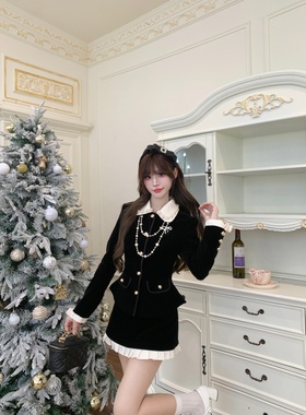 越韩小鱼 赫曼千金 气质夹棉黑色丝绒外套半裙收腰法式两件套装女