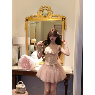 越韩小鱼 舞会恋曲粉色 立体花朵网纱吊带裙生日礼裙千金名媛套装