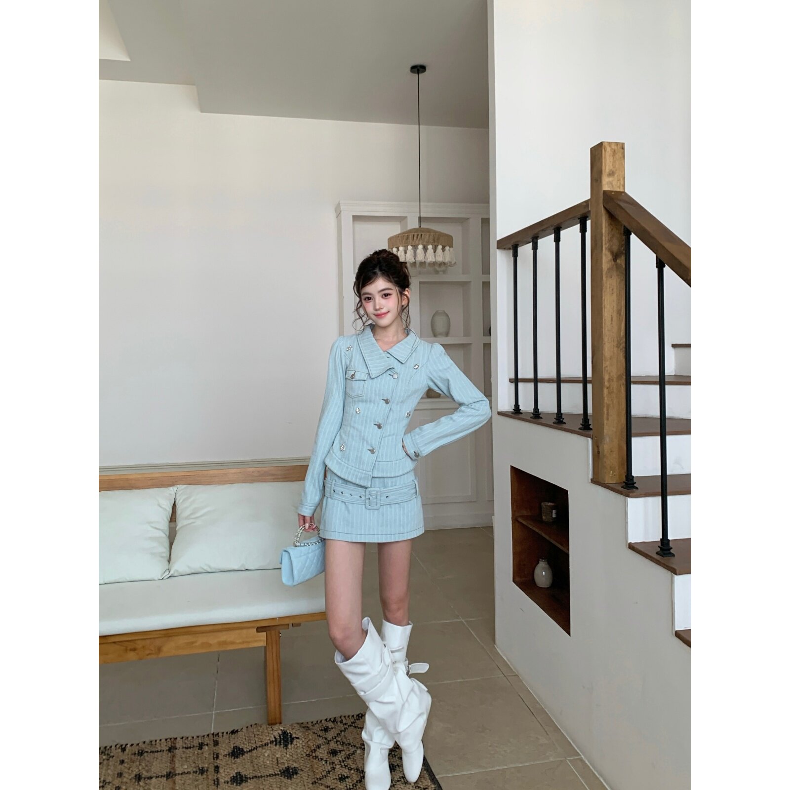 越韩小鱼Musefish 街角格调 复古设计感牛仔套装外套短裙两件套女