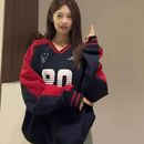 复古拼接撞色v领卫衣女春秋长袖 美式 棒球衣oversize高街无帽上衣