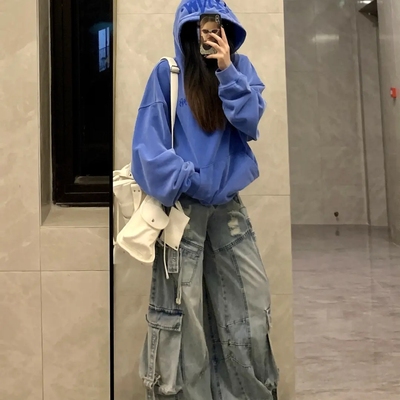 蓝色字母刺绣美式重磅连帽卫衣女秋冬加绒加厚高街慵懒风情侣上衣