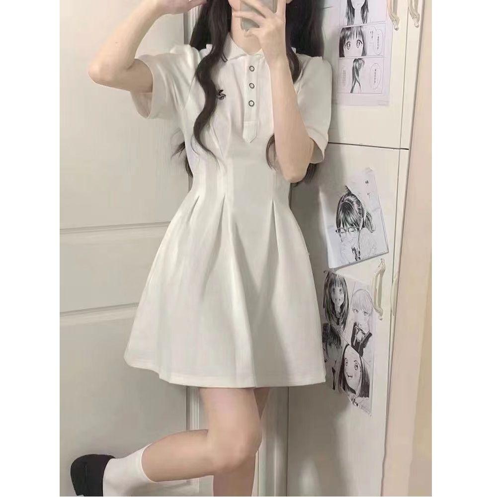 纯欲学院风polo领收腰a字连衣裙女夏初高中大童学生jk少女中裙子