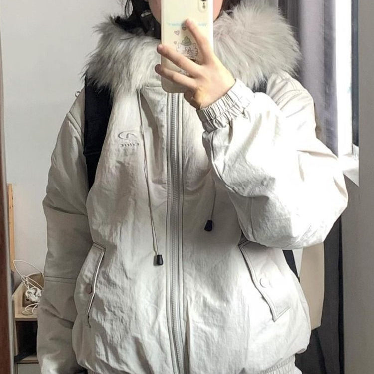 冬季新款毛领加厚棉衣外套女保暖棉服高级感灰色情侣连帽派克棉袄