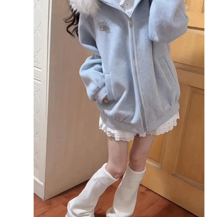 甜美蓝色毛领连帽毛呢外套女冬季新款加绒加厚保暖慵懒风拉链卫衣