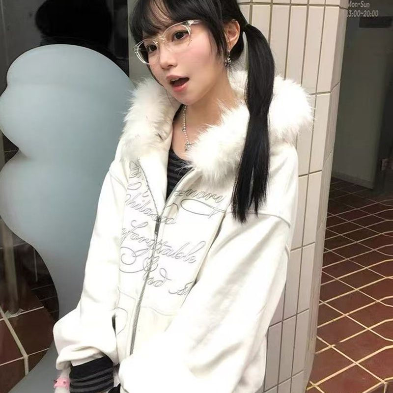 美式轻亚风毛领连帽卫衣外套女秋冬2025新款学院白色开衫拉链上衣