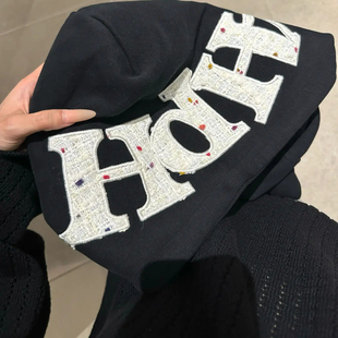 帽子刺绣高级感贴布字母重磅卫衣女秋冬加绒加厚外套黑色连帽上衣