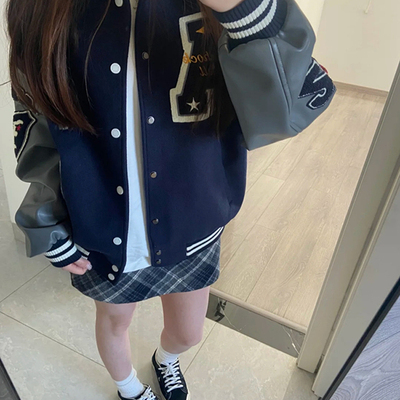 美式高街刺绣复古棒球服外套女