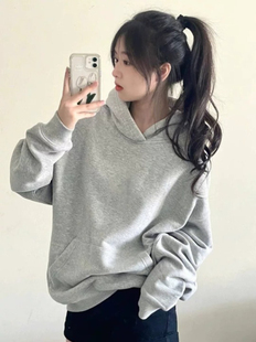 极简灰色宽松连帽套头卫衣女秋冬2025新爆款 加绒加厚外套春薄上衣