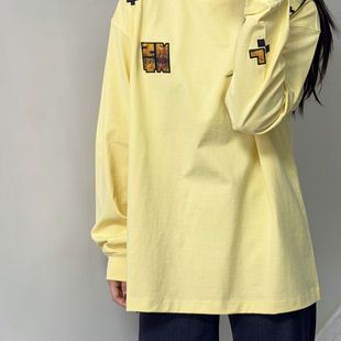 上衣 美式 潮牌刺绣纯棉长袖 t恤女春秋内搭打底衫 百搭宽松男女同款