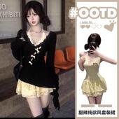 甜辣妹不规则蝴蝶镂空罩衫 挂脖蕾丝连衣裙女春秋叠穿漂亮两件套装