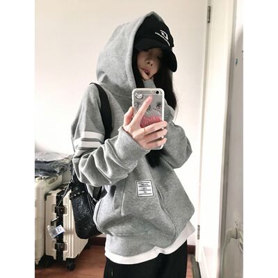 美式复古高街风撞色条纹连帽卫衣女春秋新款百搭宽松灰色开衫外套