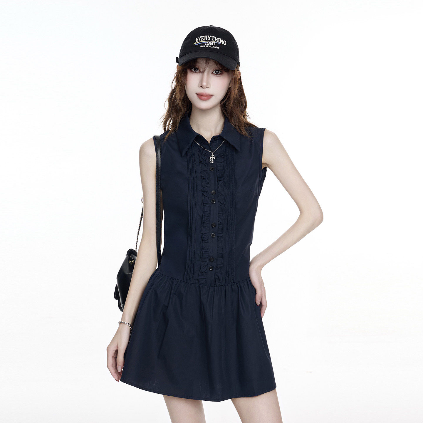 藏青色polo领无袖洋装女2025夏季设计感辣妹风高腰修身短款裙子