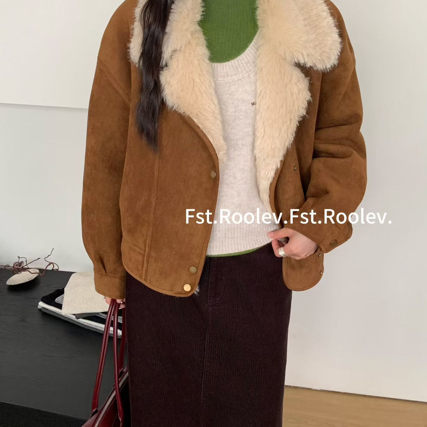 FST复古麂皮绒羊羔毛领毛毛外套