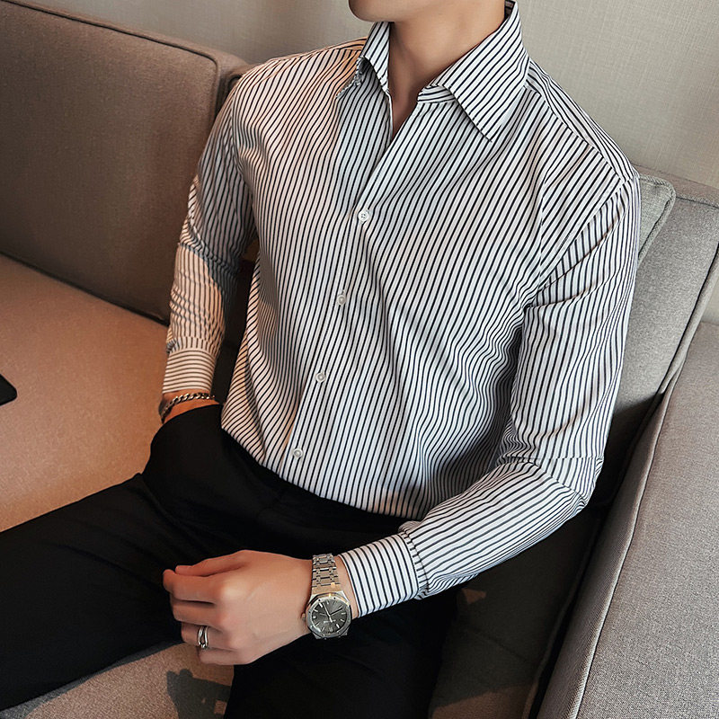 春秋新款高品质商务休闲衬衫男士长袖韩版修身条纹立领帅气衬衣潮