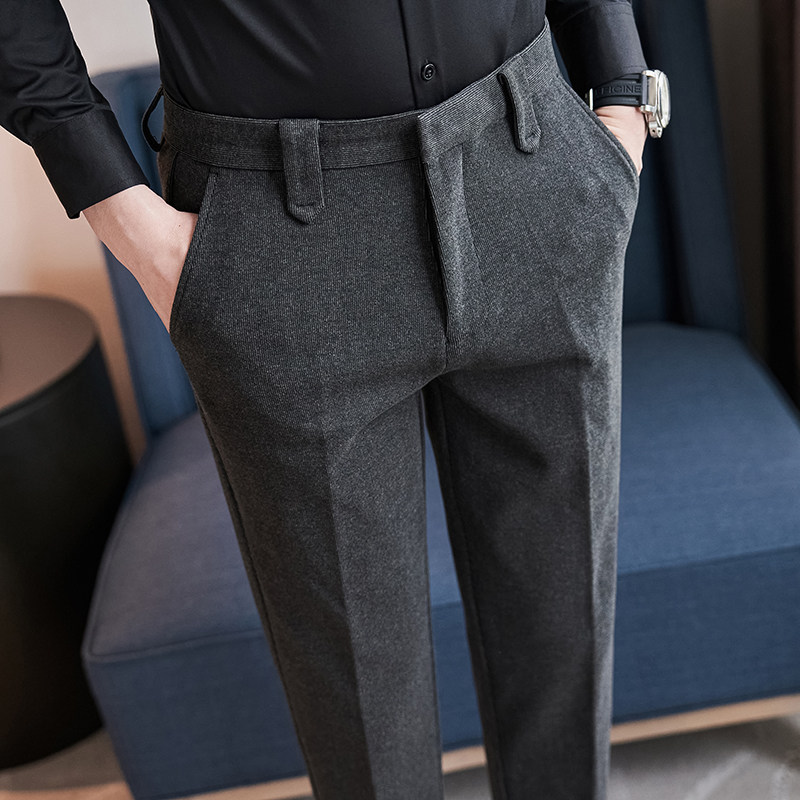 秋冬款加绒加厚毛呢西裤男士修身小脚长裤韩版商务正装百搭休闲裤