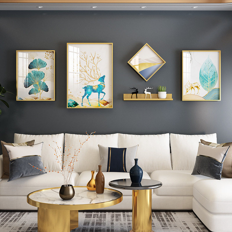 新中式客厅4框晶瓷福鹿铝合金装饰画置物架组合金属墙上麋鹿画框