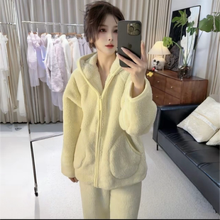 毛茸茸加绒加厚保暖睡衣女秋冬新款连帽拉链宽松珊瑚绒居家服套装