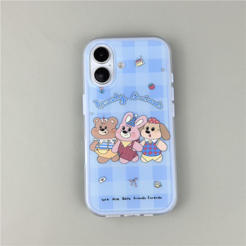 卡通可爱蓝格纹小熊兔子小狗16pro适用苹果15ProMax手机壳iPhone14二合一13防摔12