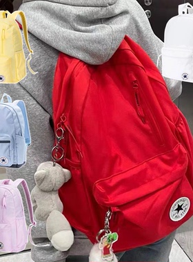 匡威双肩包红色正品书包学生女大容量包包大童休闲纯色背包旅行包