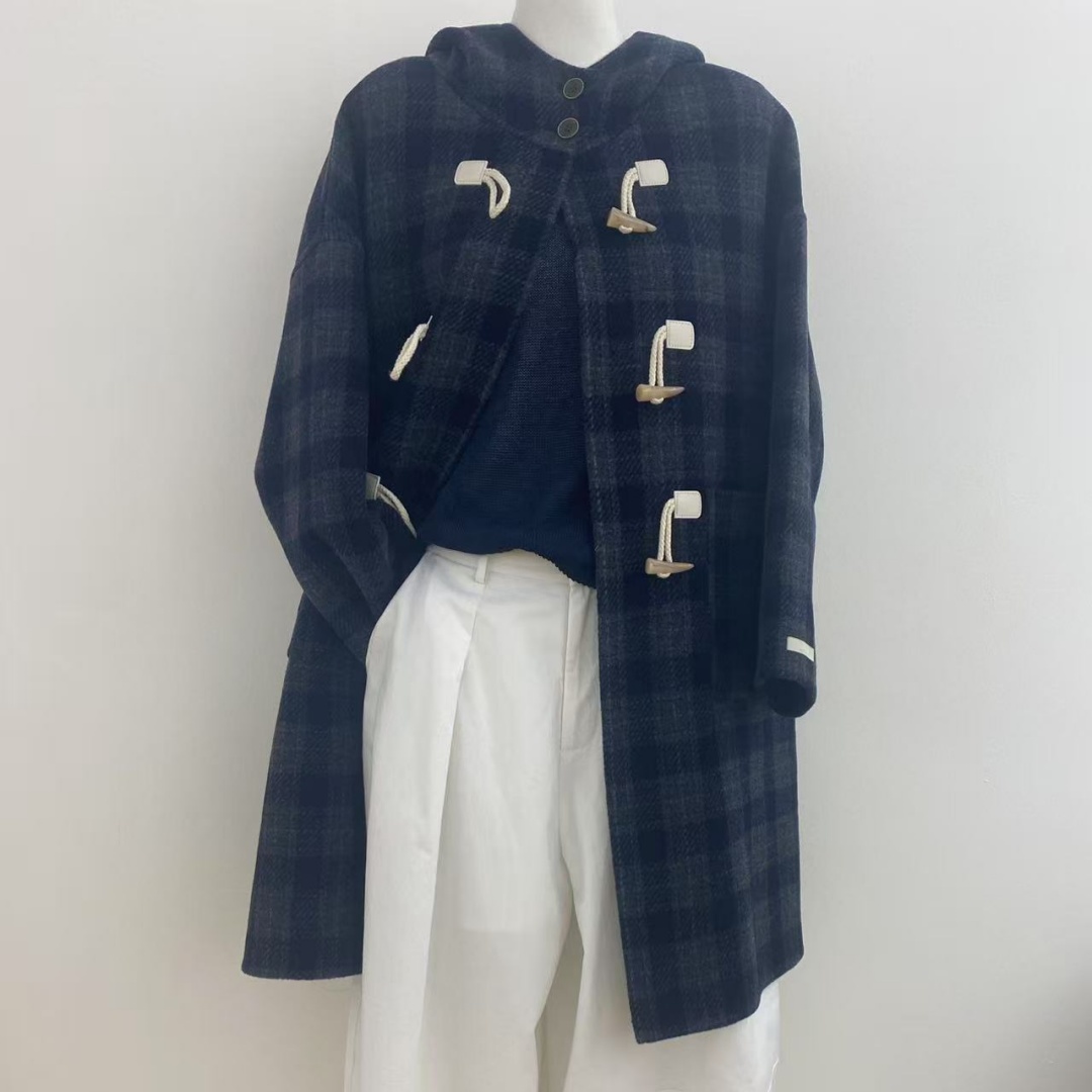 韩系牛角扣双面羊毛大衣女2025年新款流行复古格纹中长款毛呢外套