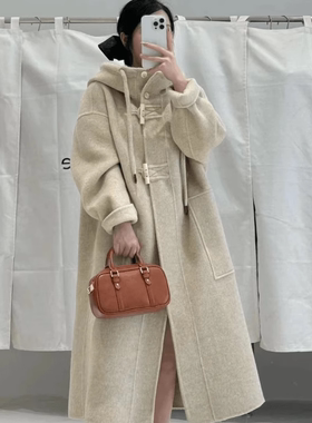 高级感连帽中长款2025年新款双面羊绒大衣女牛角扣加厚羊毛呢外套