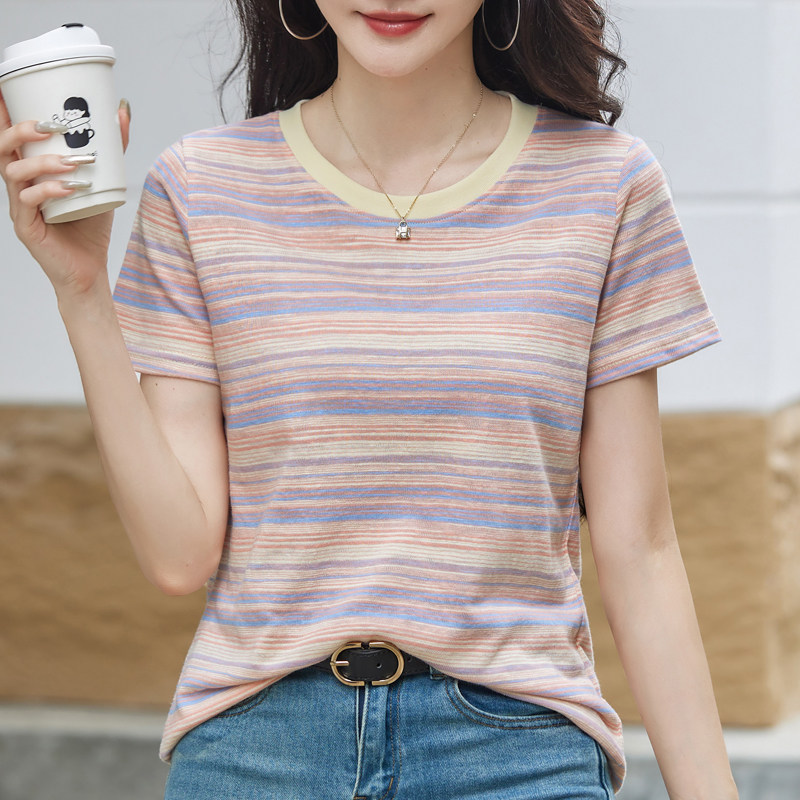 竹节棉彩色条纹T恤女短袖夏季慵懒风宽松百搭上衣韩版休闲体恤衫