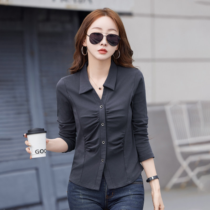 休闲开衫弧形下摆翻领T恤女长袖修身纯棉V领衬衫褶皱POLO体恤上衣