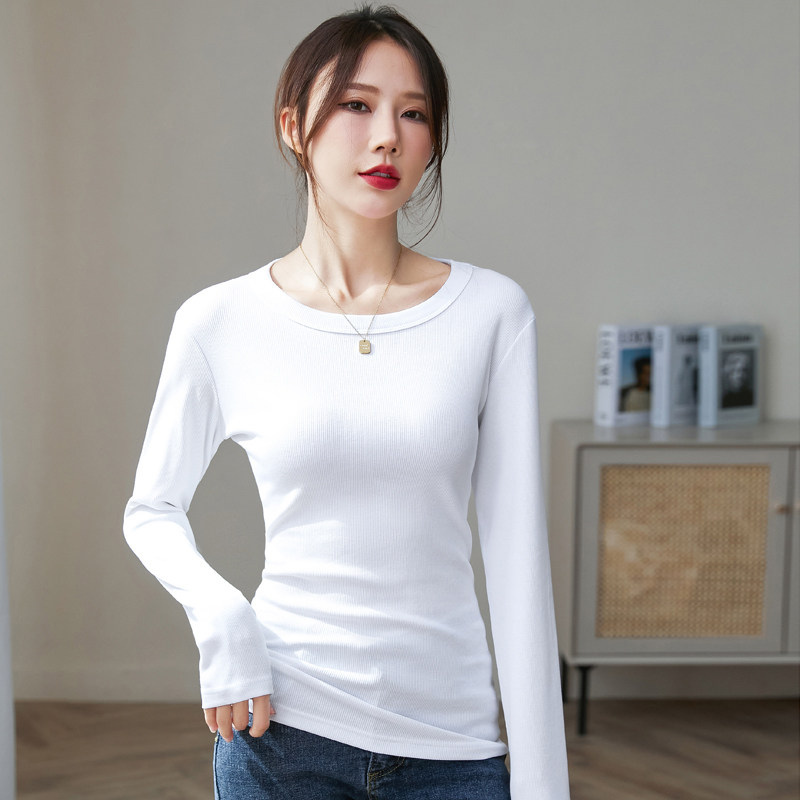 白色紧身打底体恤衫女长袖春秋薄款西装内搭收腰百搭圆领T恤上衣
