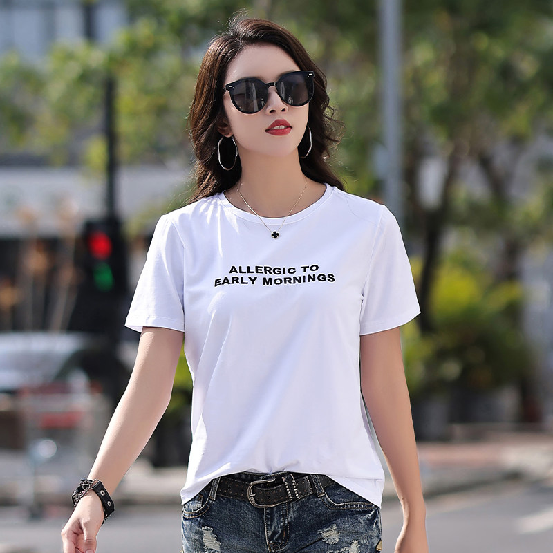 白色圆领刺绣字母纯棉T恤女短袖夏季体恤衫休闲上衣宽松韩版丅血