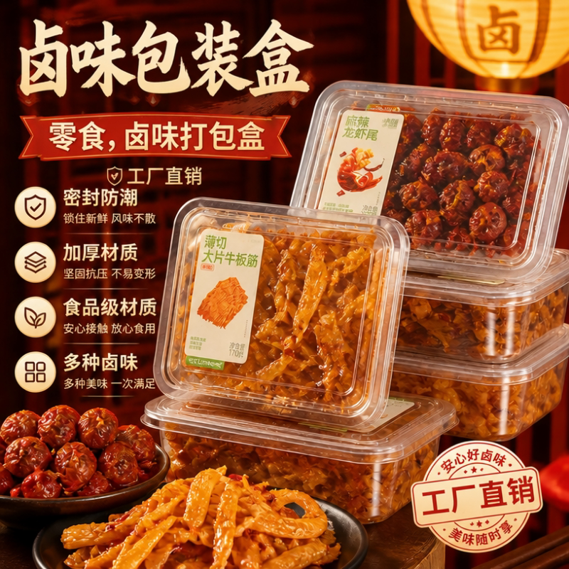 网红零食卤味包装盒一次性透明长方形金粒门包装盒鸭货打包盒子