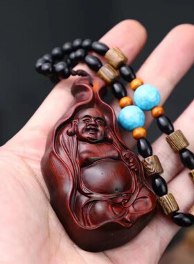 小叶紫檀手把件招财弥勒佛木雕刻男士随身件汽车挂件饰品一团和气