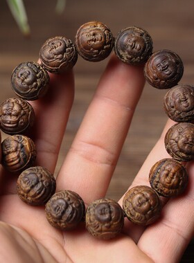 沉香木弥勒财神雕刻手串财迷佛珠佛公念珠文玩手链双面雕刻档位珠