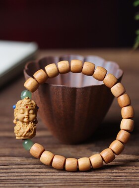 澳洲老山檀香木直切珠手串雕刻度母单圈男女款佛珠文玩饰品手链子
