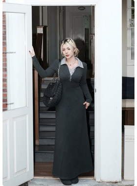 糯米子[朦胧交叠]磨毛绒感针织连衣裙秋冬季衬衫领假两件大码裙子