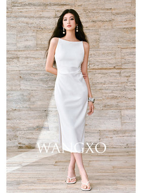 WANGXO｜TR乱麻针织|骨感立裁手工捏褶|一字领侧开 叉吊带裙
